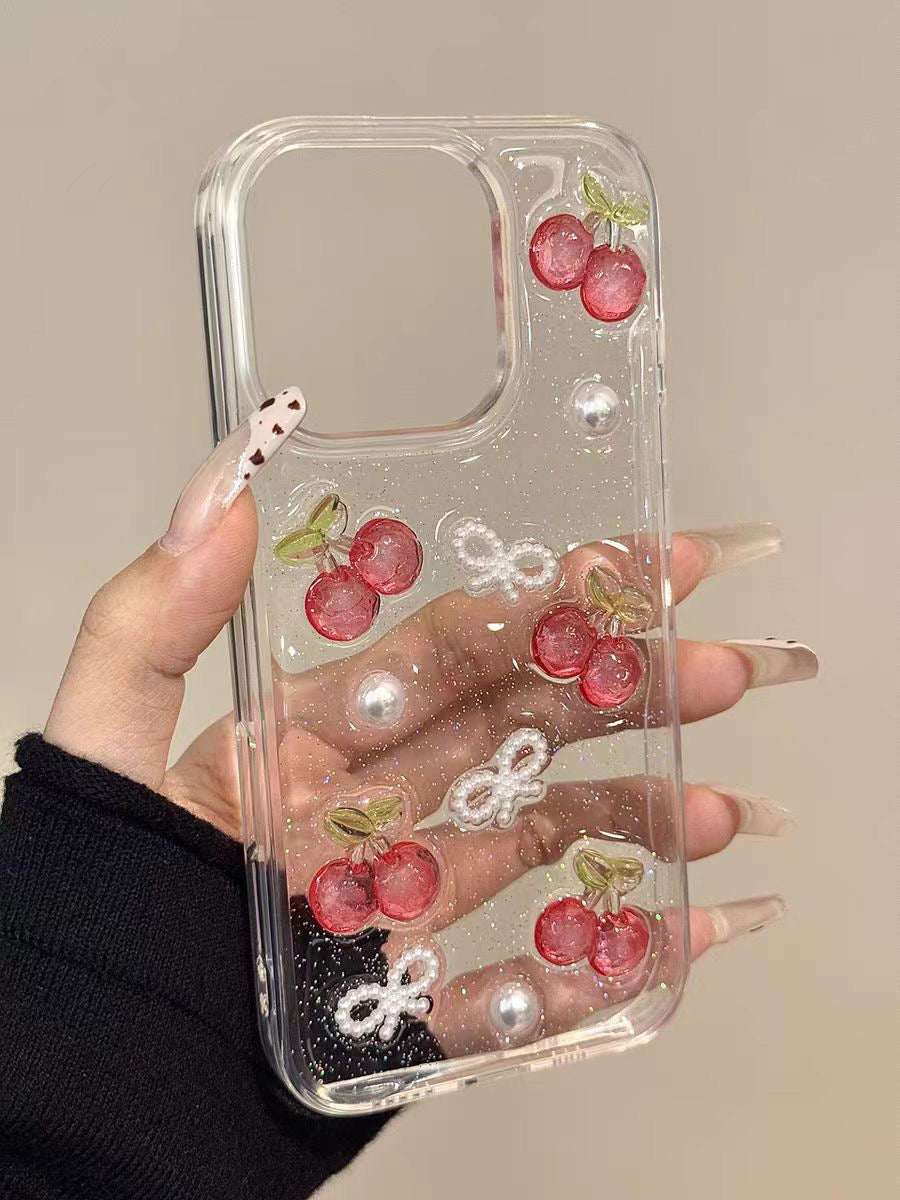 Clear Case iPhone 3D Cherry Pearl Bow Design