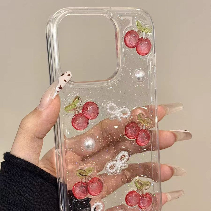 Clear Case iPhone 3D Cherry Pearl Bow Design