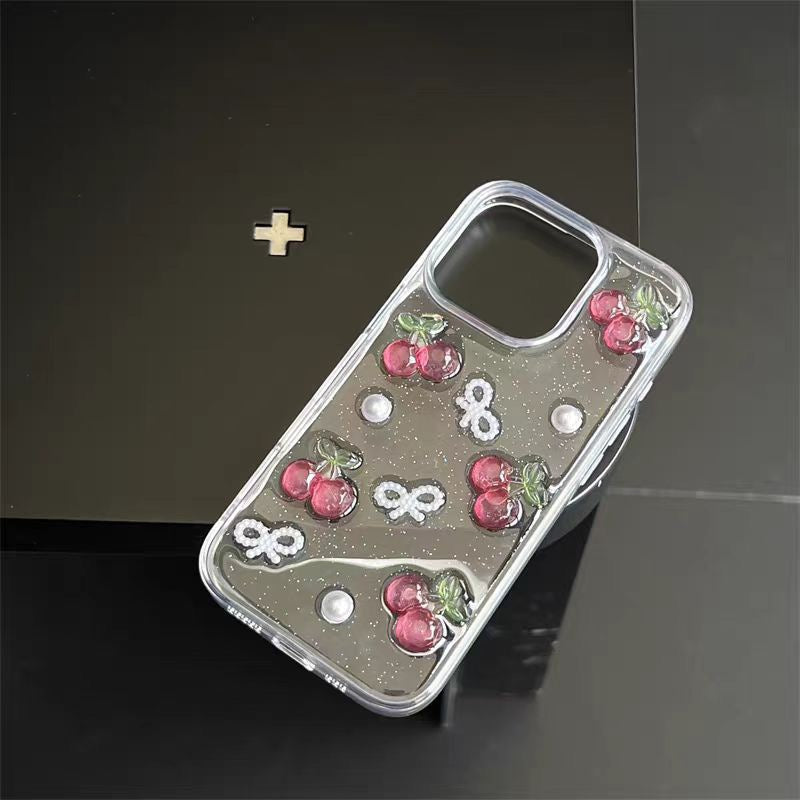 Clear Case iPhone 3D Cherry Pearl Bow Design