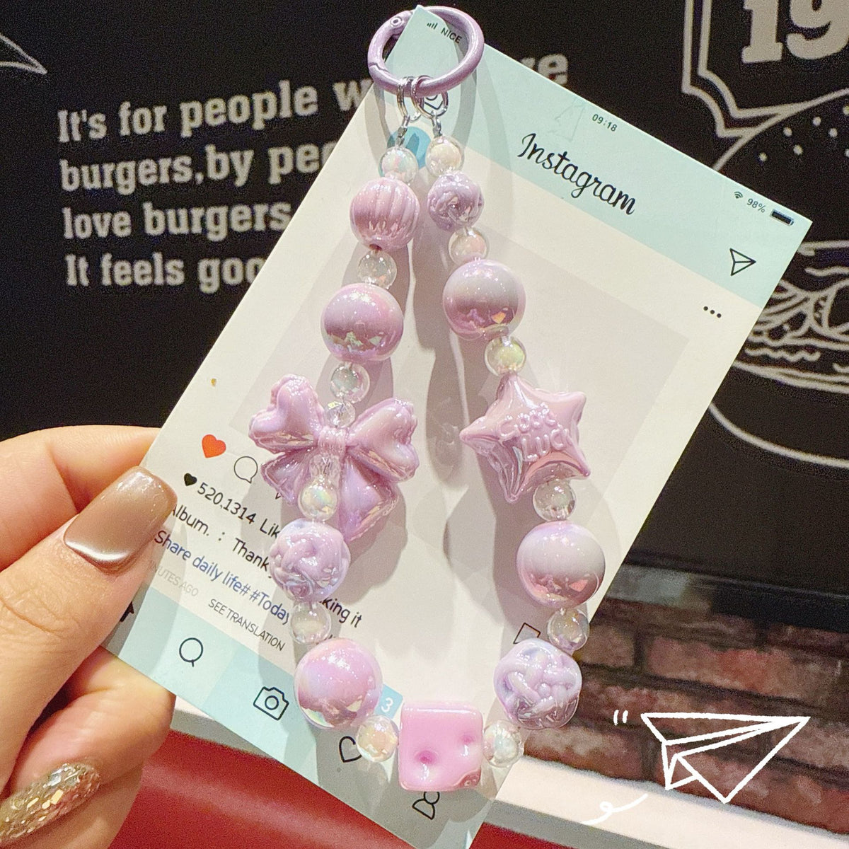 English: Iridescent Bow & Star Acrylic Phone Charm Strap